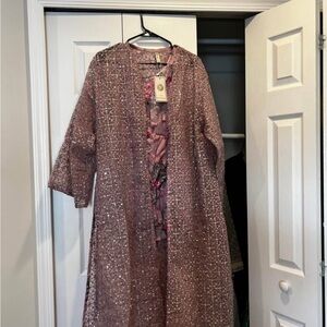 Ethnic Elegant Pink Sequin Coat, blouse and trousers